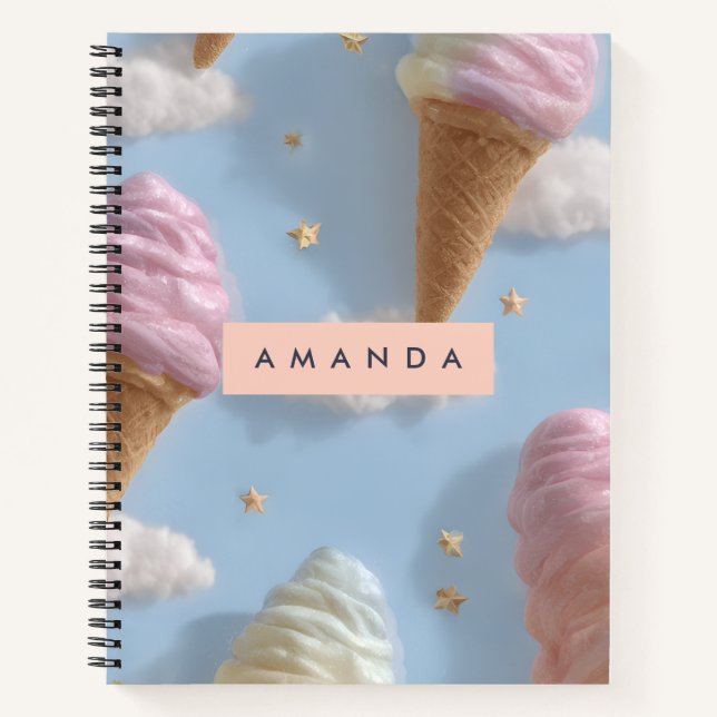 Personalized Whimsical Pastel Ice Cream Pattern Notebook (Front)