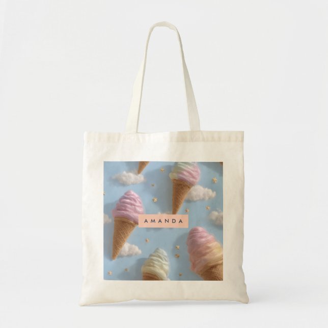 Personalized Whimsical Pastel Ice Cream Pattern Tote Bag (Front)