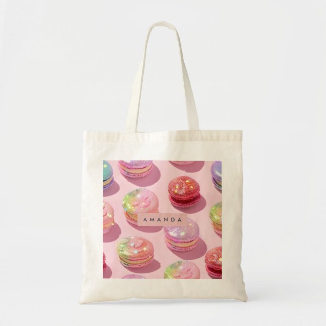 Personalized Whimsical Pastel Macaron Sparkle Tote Bag (Front)