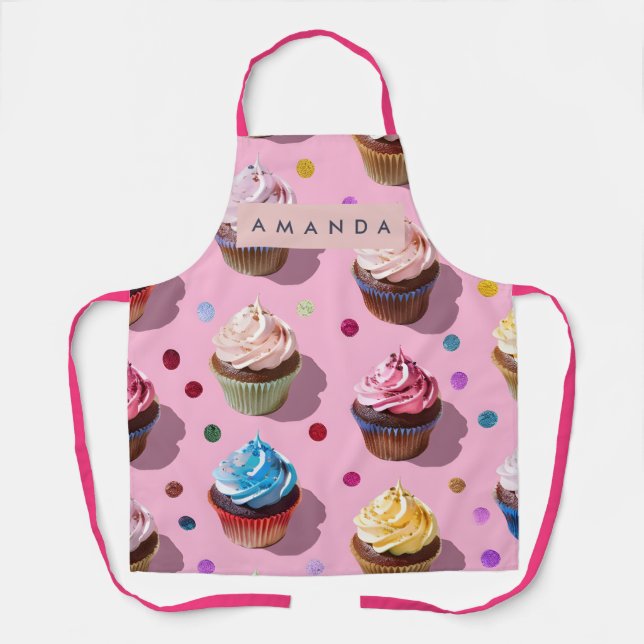 Personalized Whimsical Rainbow Cupcake Confetti Apron (Front)