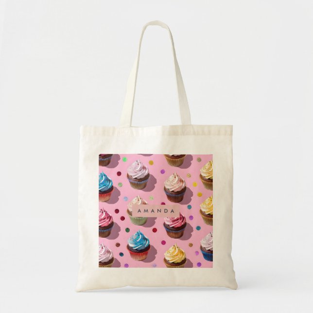 Personalized Whimsical Rainbow Cupcake Confetti Tote Bag (Front)