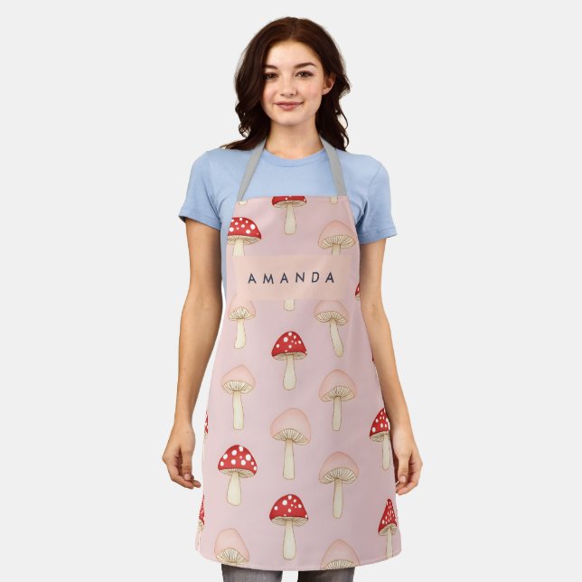Personalized Whimsical Red Pink Mushroom Pattern Apron (Worn)