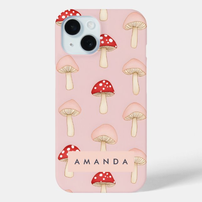 Personalized Whimsical Red Pink Mushroom Pattern Case-Mate iPhone Case (Back)