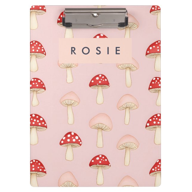 Personalized Whimsical Red Pink Mushroom Pattern Clipboard (Front)