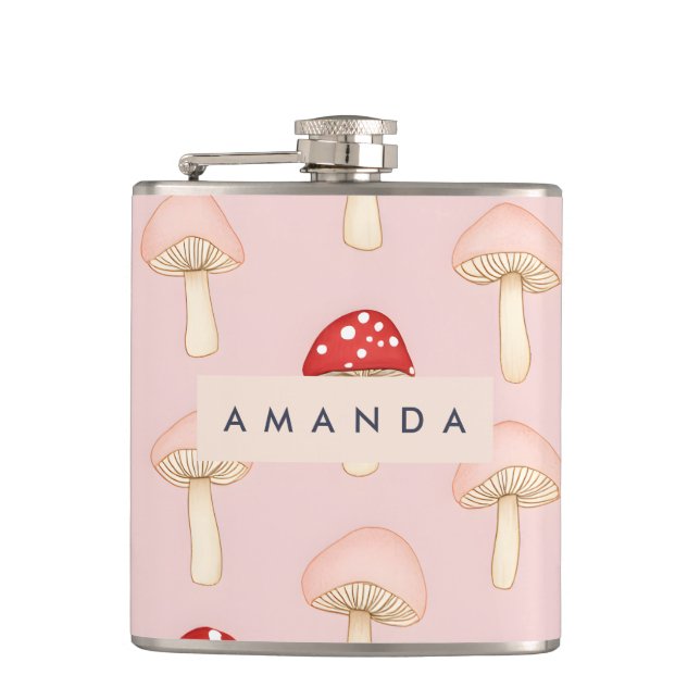 Personalized Whimsical Red Pink Mushroom Pattern Flask (Front)
