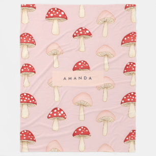 Personalized Whimsical Red Pink Mushroom Pattern Fleece Blanket