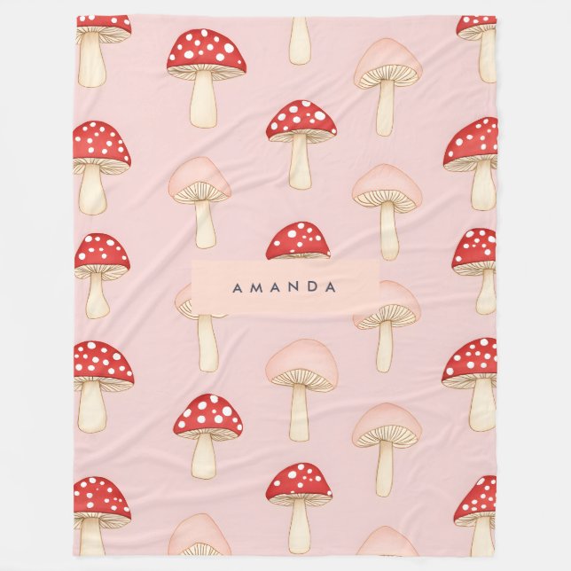 Personalized Whimsical Red Pink Mushroom Pattern Fleece Blanket (Front)