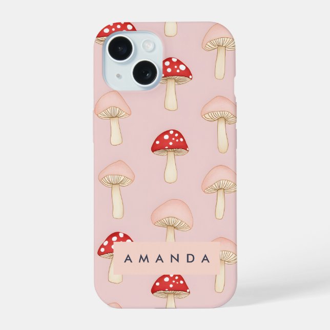 Personalized Whimsical Red Pink Mushroom Pattern Iphone Case (Back)