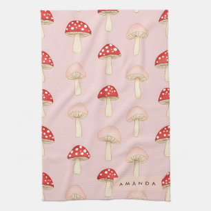 Personalized Whimsical Red Pink Mushroom Pattern Kitchen Towel