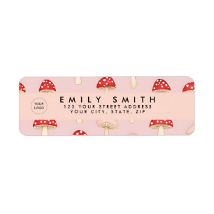 Personalized Whimsical Red Pink Mushroom Pattern Label