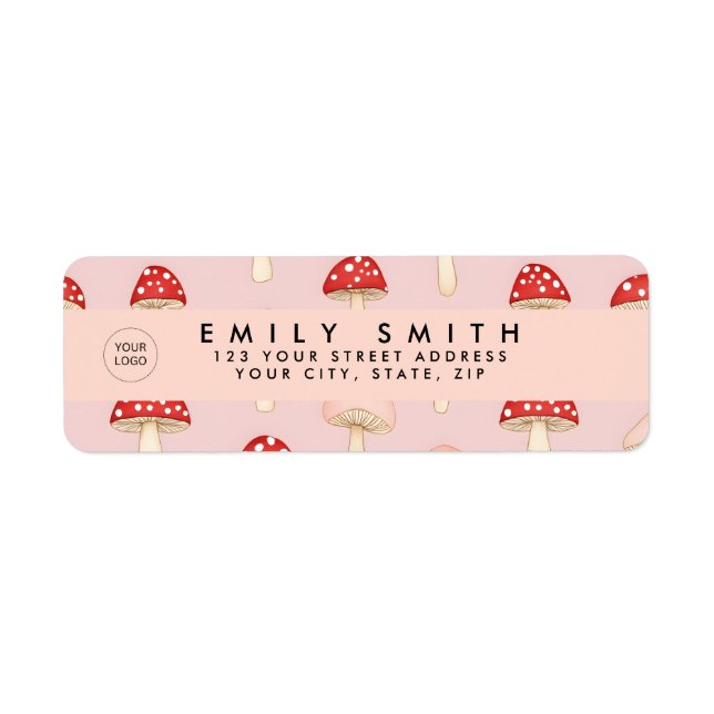 Personalized Whimsical Red Pink Mushroom Pattern Label (Front)