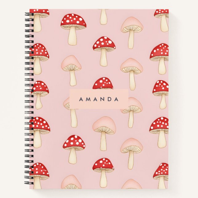 Personalized Whimsical Red Pink Mushroom Pattern Notebook (Front)