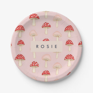 Personalized Whimsical Red Pink Mushroom Pattern Paper Plates