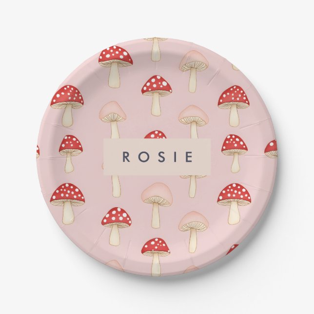 Personalized Whimsical Red Pink Mushroom Pattern Paper Plates (Front)