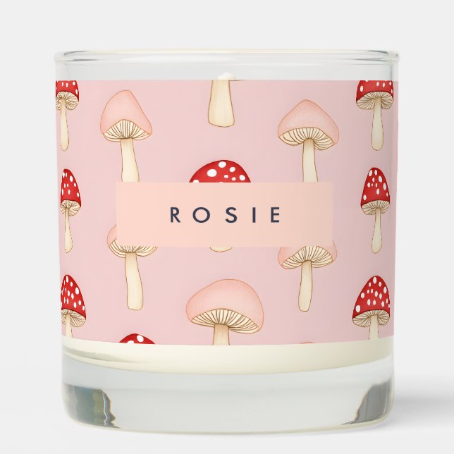 Personalized Whimsical Red Pink Mushroom Pattern Scented Candle (Front)