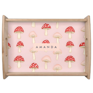 Personalized Whimsical Red Pink Mushroom Pattern Serving Tray