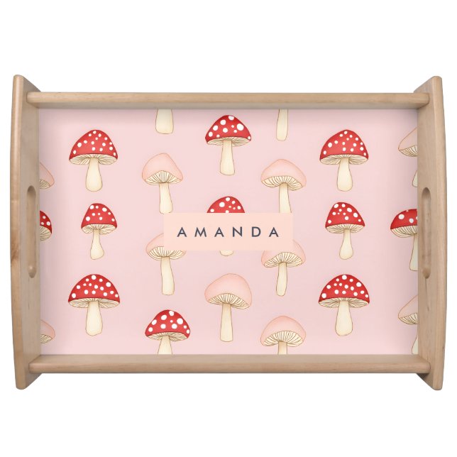 Personalized Whimsical Red Pink Mushroom Pattern Serving Tray (Front)