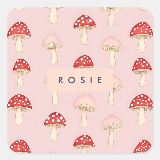Personalized Whimsical Red Pink Mushroom Pattern Square Sticker (Front)