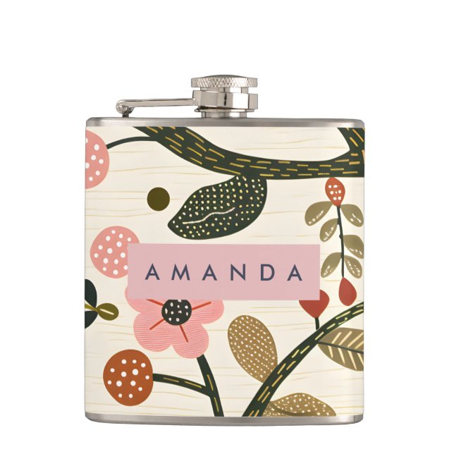 Personalized Whimsical Retro Autumn Flower  Flask (Front)