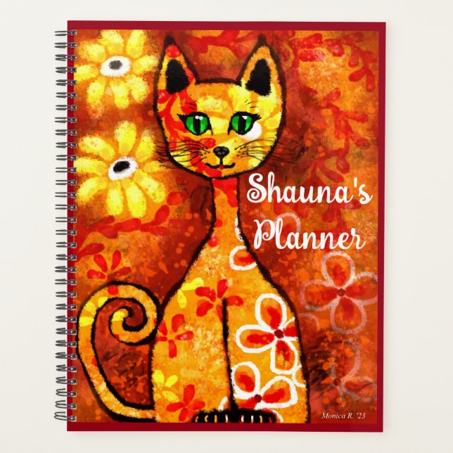 Personalized Whimsical Retro Kitty Cat Orange Red  Planner (Front)