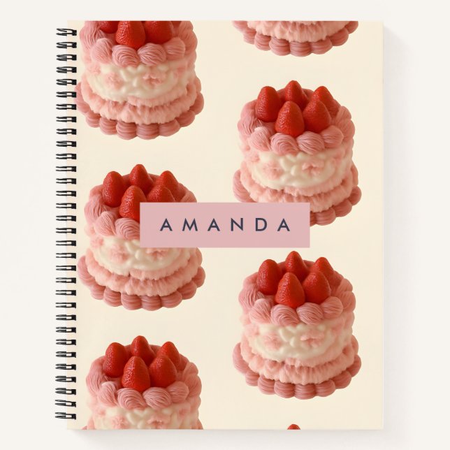 Personalized Whimsical Strawberry Cake Pattern Notebook (Front)