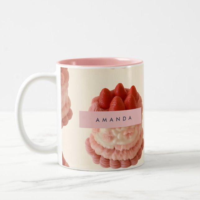 Personalized Whimsical Strawberry Cake Pattern Two-Tone Coffee Mug (Left)