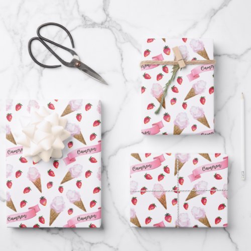 Personalized Whimsical Strawberry Ice Cream Cone Wrapping Paper Sheets