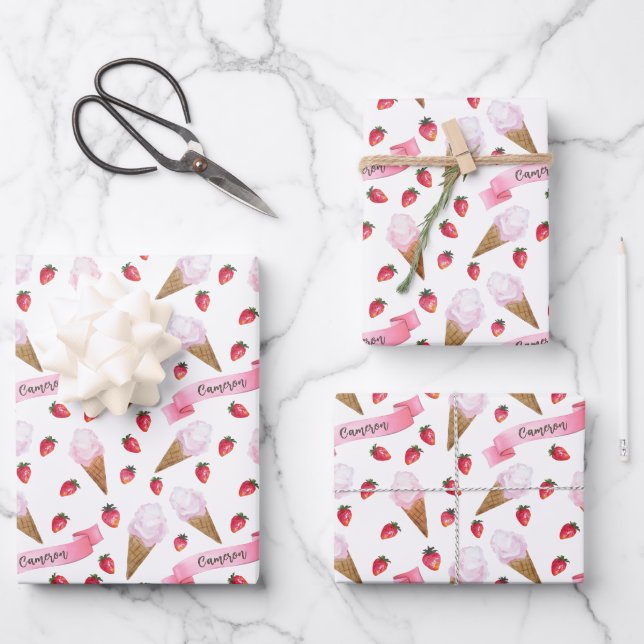 Personalized Whimsical Strawberry Ice Cream Cone Wrapping Paper Sheets (Front)
