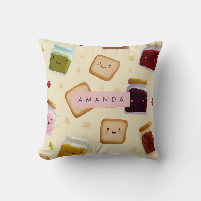 Personalized Whimsical Toast & Jam Pattern Throw Pillow (Front)