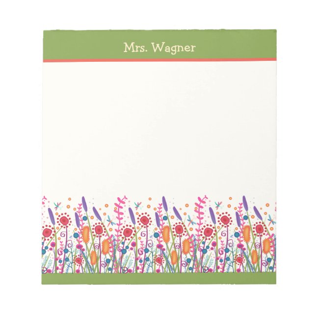 Personalized Whimsical Wildflowers Green Teacher  Notepad (Front)