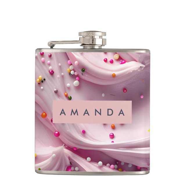 Personalized Whipped Pink Frosting with Sprinkles Flask (Front)