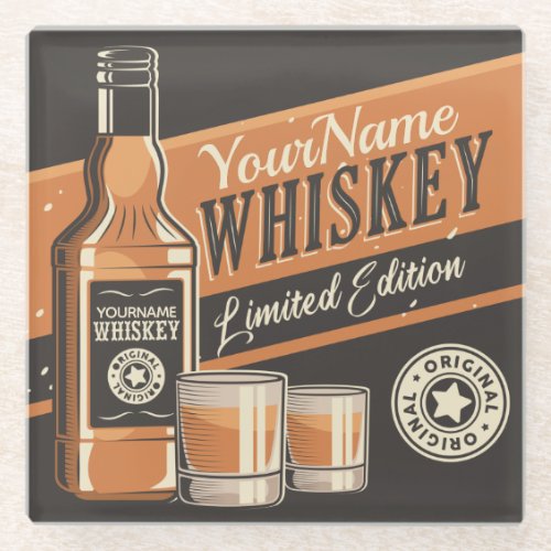 Personalized Whiskey Liquor Bottle Western Bar Glass Coaster