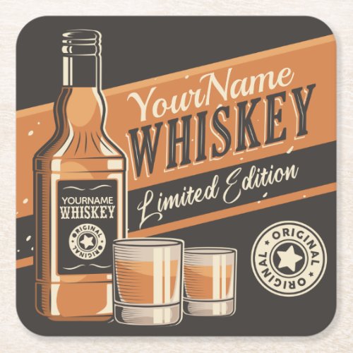 Personalized Whiskey Liquor Bottle Western Bar  Square Paper Coaster