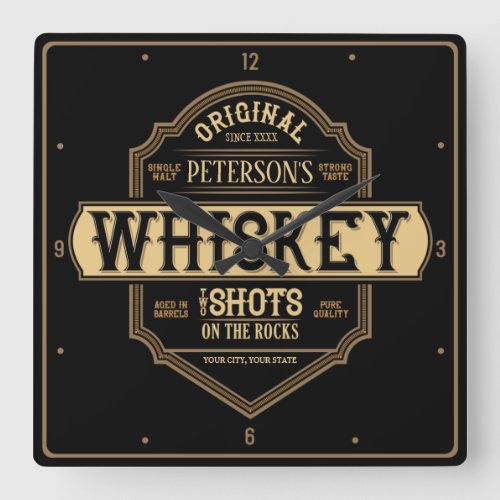 Personalized Whiskey on the Rocks Liquor Label Bar Square Wall Clock