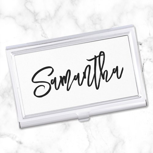 Personalized White and Black Brush Script Business Card Case