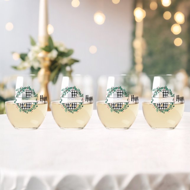 Personalized White And Black Buffalo Plaid (J) Stemless Wine Glass (Insitu (Wedding))
