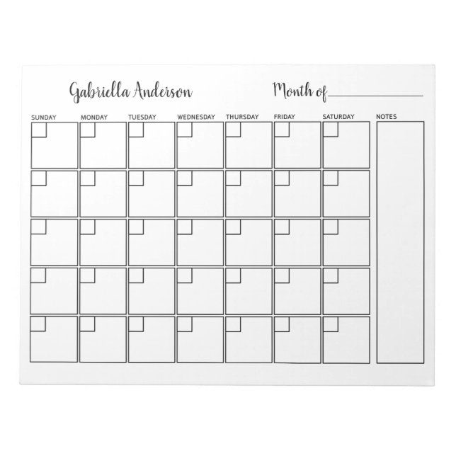 Personalized White and Black Monthly Planner Notepad (Front)