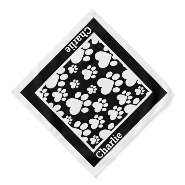 Personalized White and Black Paw Print Dog Bandana (Front)