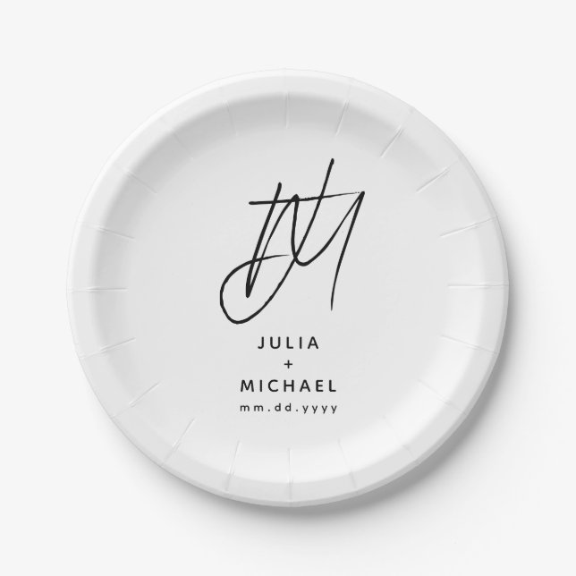 Personalized White and Black Wedding Paper Plate (Front)