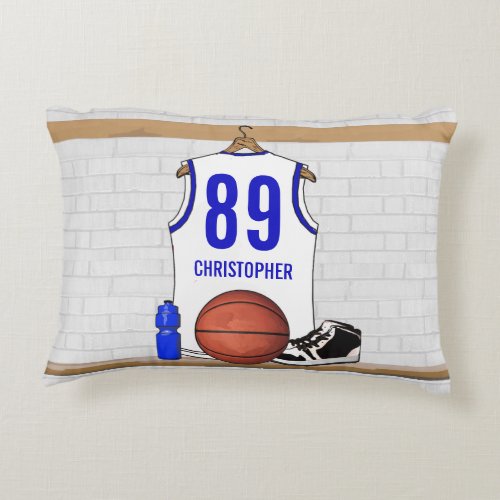 Personalized White and Blue Basketball Jersey Accent Pillow
