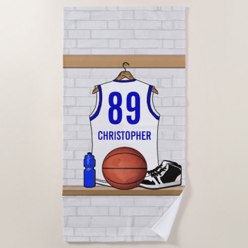 Personalized White and Blue Basketball Jersey Beach Towel