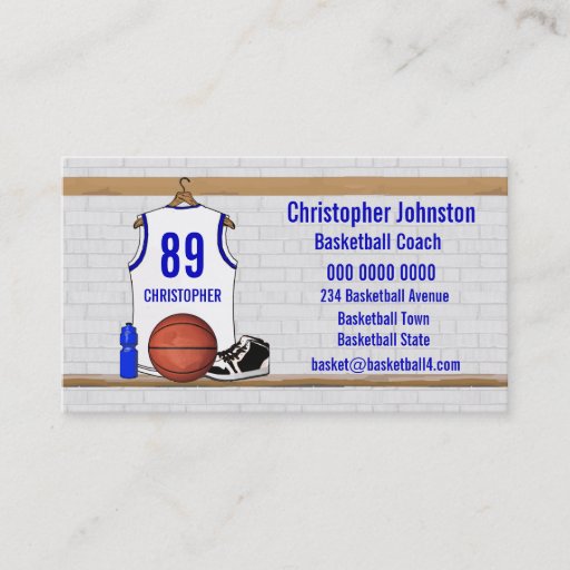 Customizable Personalized white Blue Basketball Jersey Business Cards
