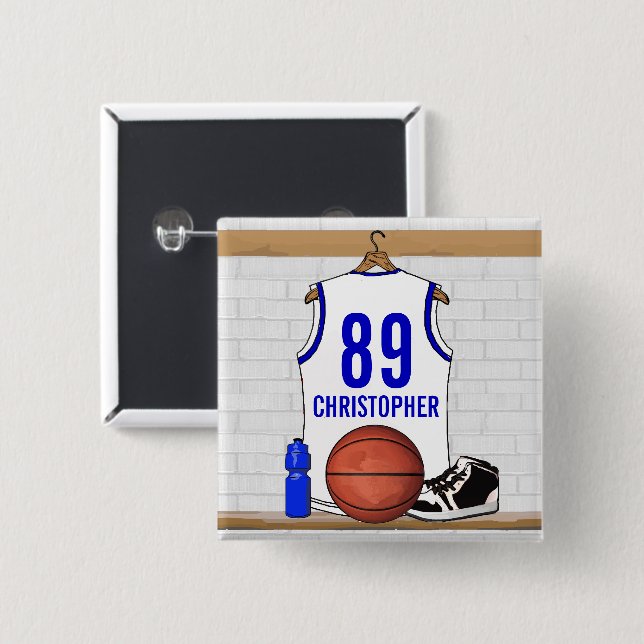 Personalized White and Blue Basketball Jersey Button (Front & Back)