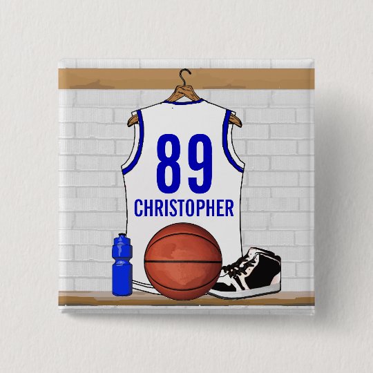 Personalized White and Blue Basketball Jersey Button