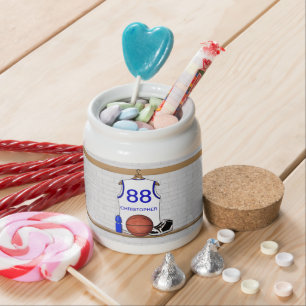 Personalized White and Blue Basketball Jersey Candy Jar