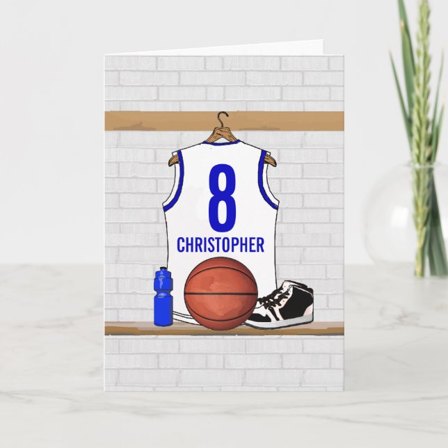 Personalized White and Blue Basketball Jersey Card (Front)