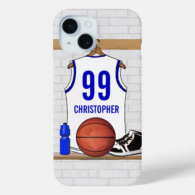 Personalized White and Blue Basketball Jersey Case-Mate iPhone Case (Back)