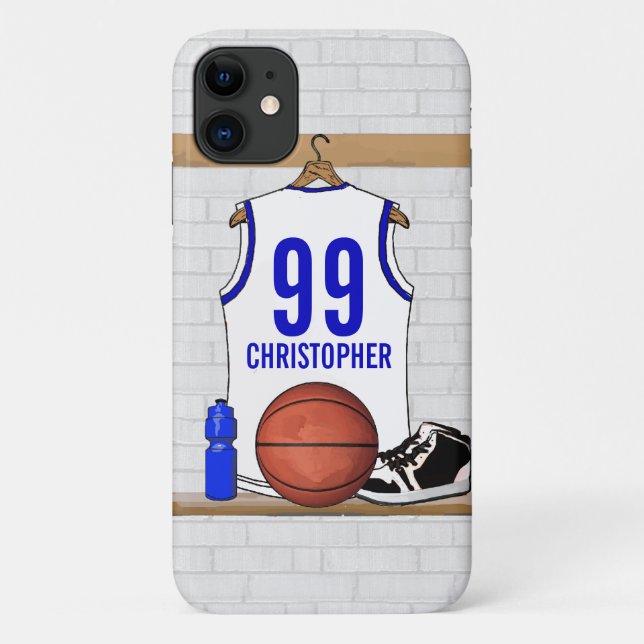 Personalized White and Blue Basketball Jersey Case-Mate iPhone Case (Back)