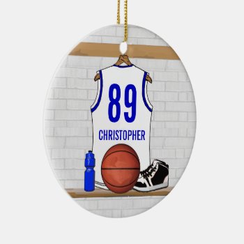Personalized White And Blue Basketball Jersey Ceramic Ornament by giftsbonanza at Zazzle