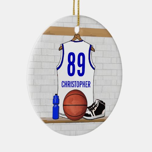 Personalized White and Blue Basketball Jersey Ceramic Ornament